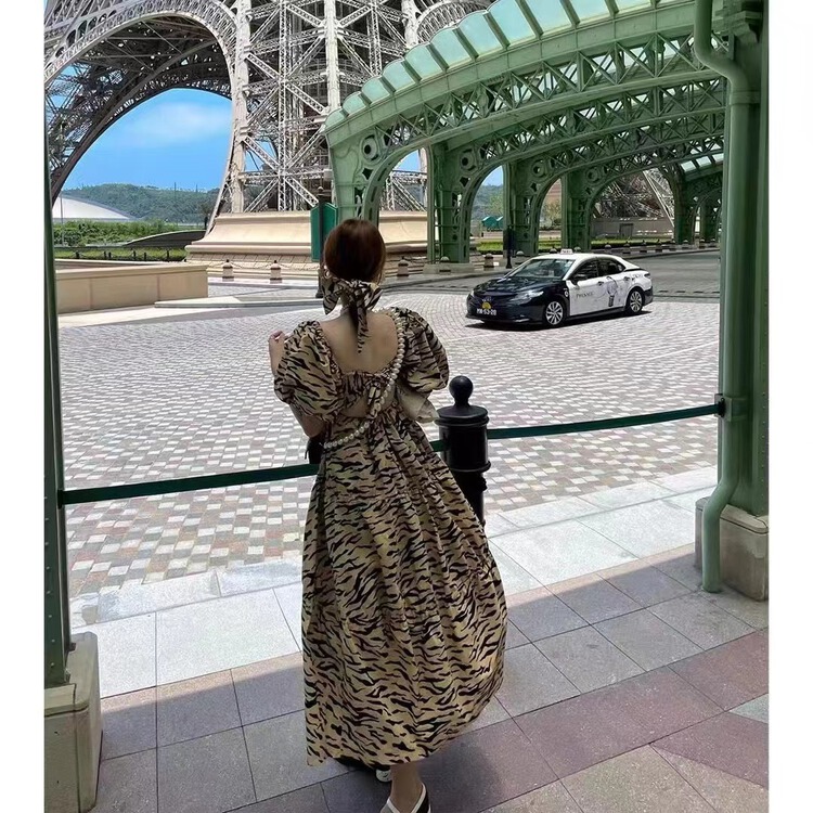 [most] Korean personalized printed square neck bubble sleeve dress 97118\zjy
