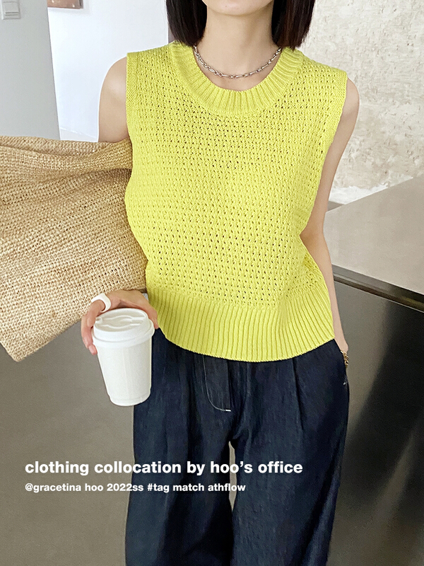 [gracetina Hoo] minimalist round neck linen sleeveless knitted vest z852\cqw