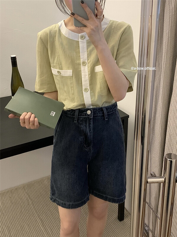 [a-bow studio] Korean short shirt with contrasting color edges ys1-15150\zjy