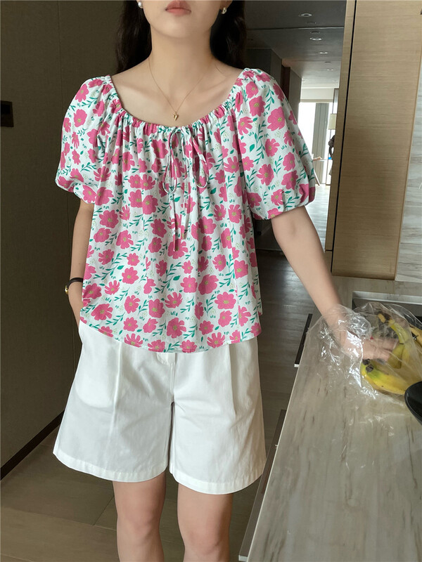 【FEIDING】韓系印花寬鬆泡泡袖短款小衫  7879-A6#  CLS