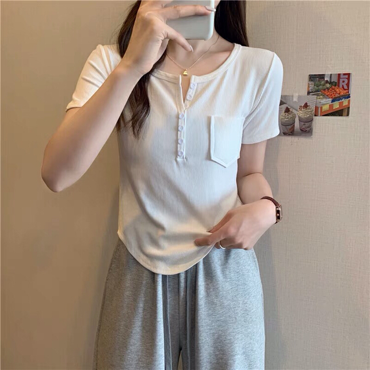 [Ziyi family] Korean versatile single pocket short sleeve T-shirt ys2-2022\wtt