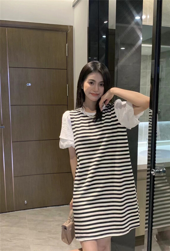 [CCJ] Korean striped bubble sleeve dress 8207\hjy