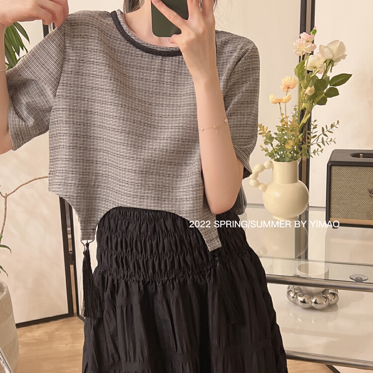 [Feimao (Yimao)] checkered fashion irregular short sleeve T-shirt ym-305\lsl