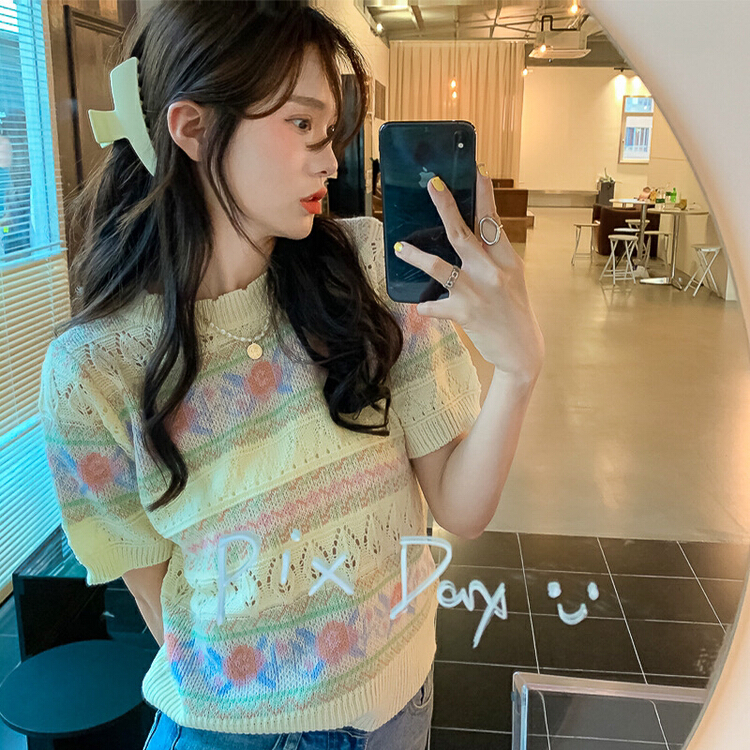 [dolly] Vintage gentle jacquard short sleeve T-shirt thin hollow out small shirt 5699\pcz