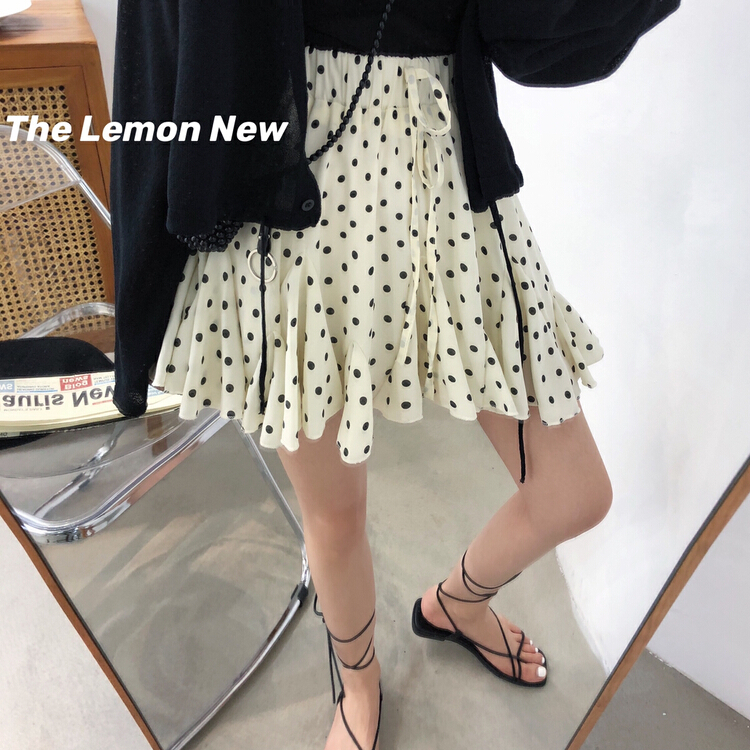 [lemon green tea] drawstring Polka Dot versatile skirt 2196\hjy