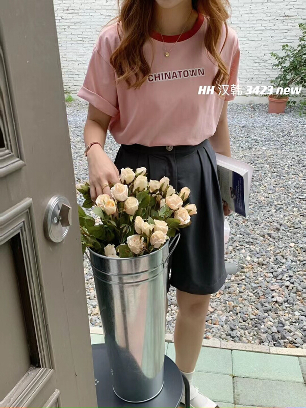 [HH &miss Lai] round neck letter color blocking short sleeve T-shirt 3423\l