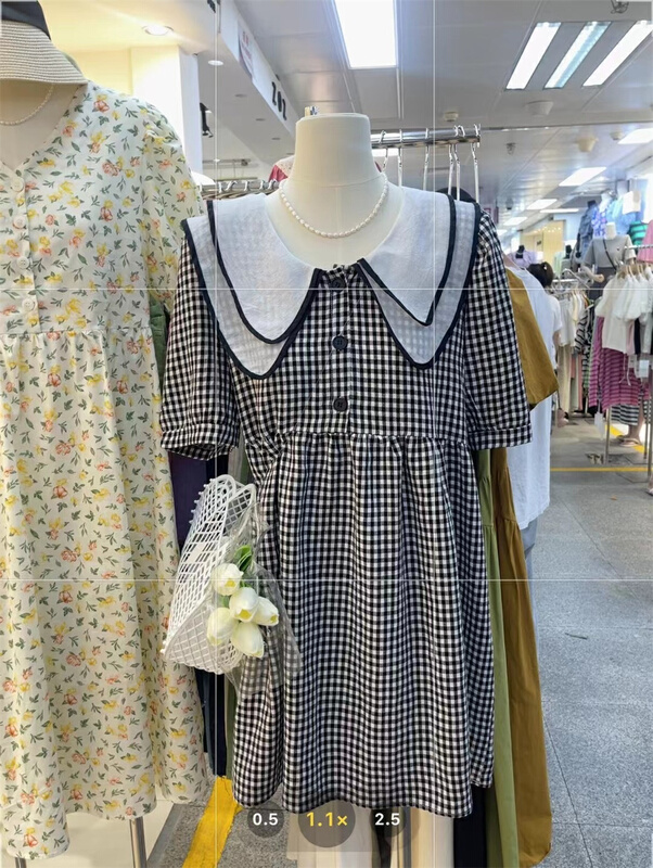 [Danli] contrast Ruffle collar check waist dress 6192\hbx