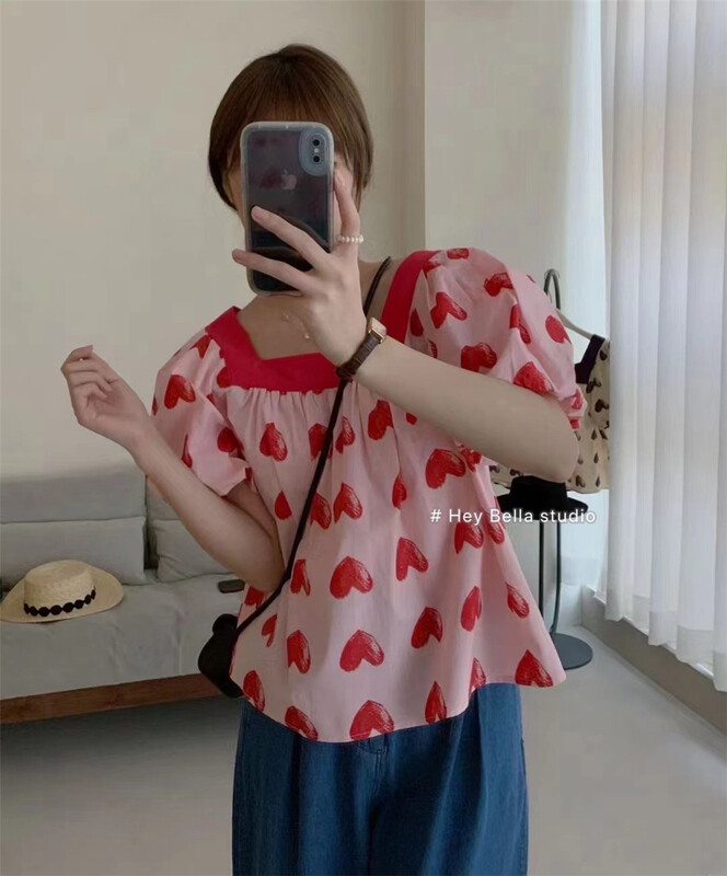 [hey Bella] Korean version square neck printed shirt ys1-1551\ll