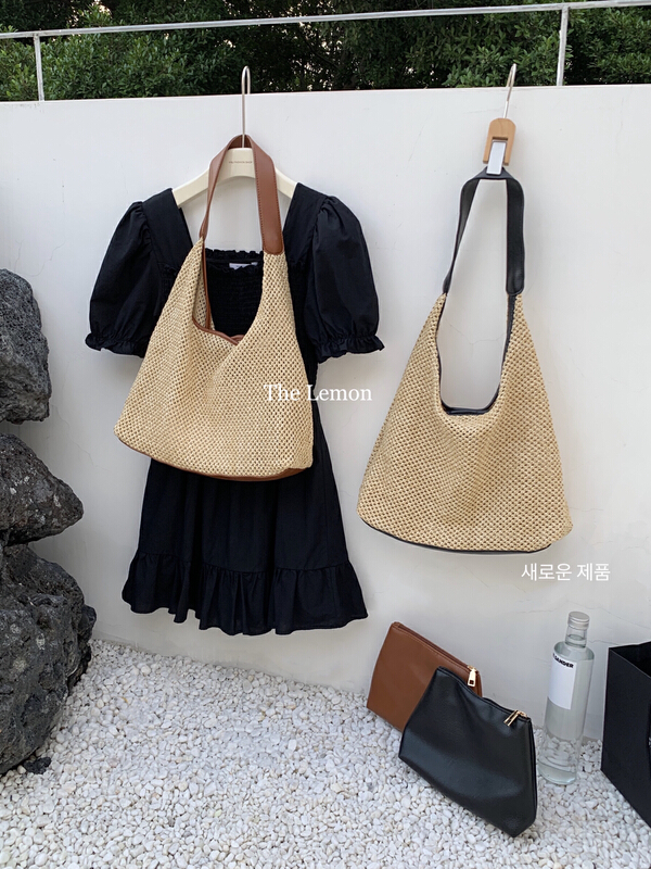 [lemon green tea] niche woven large capacity shoulder bag (with liner bag) tm-021\hjy