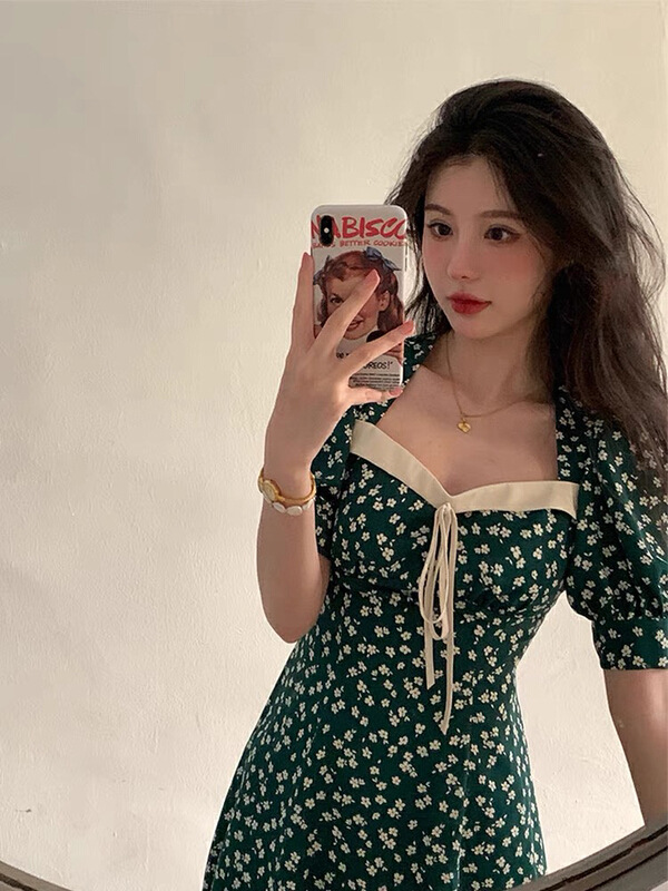 [Huaxi] French Retro Green Floral Dress 9150\pcz