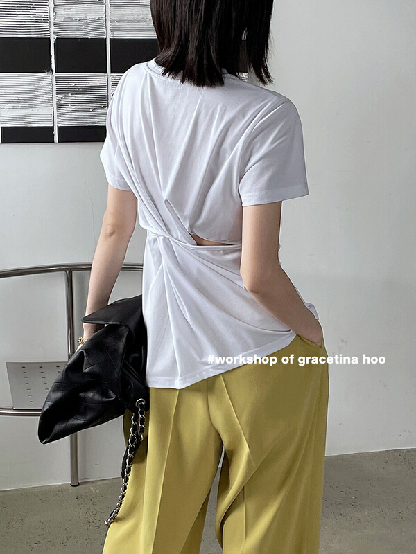 [gracetina Hoo] design sense: open waist slim fit short sleeve T-shirt t372