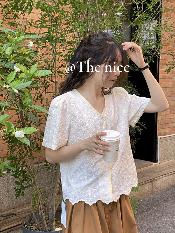 [the nice] Vintage embroidery jacquard breasted bubble sleeve shirt a9261\hjy