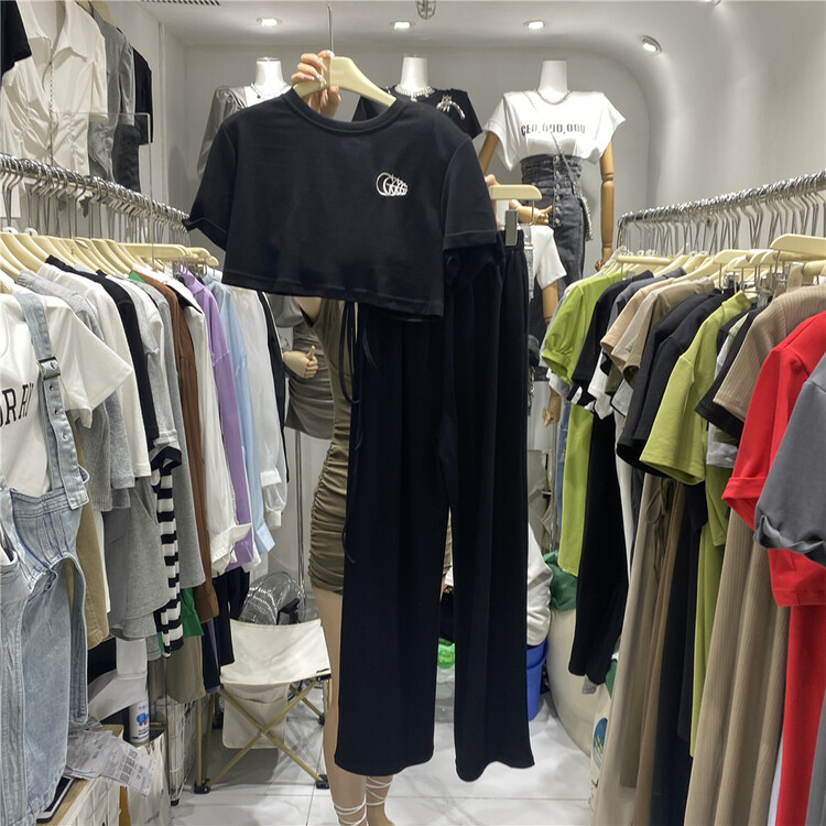 [top] short back hollow short sleeve T-shirt + high waist casual pants set f49\zjy