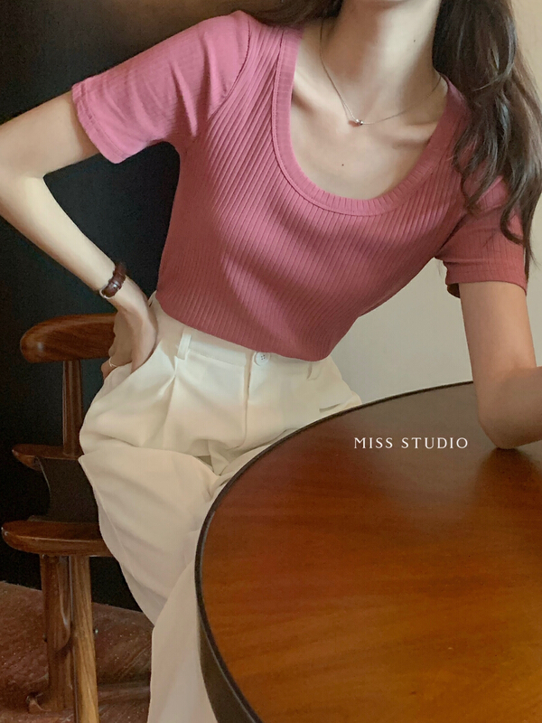 [miss miss home] u-neckline, pit stripe and versatile temperament shirt y8826