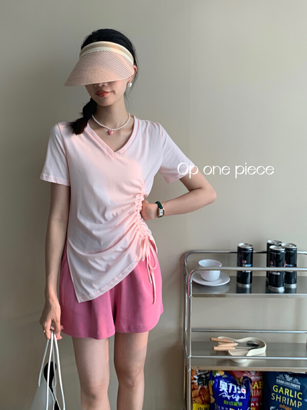 [OP one piece] Korean drawstring V-neck fresh short sleeve T-shirt op60066\hjy