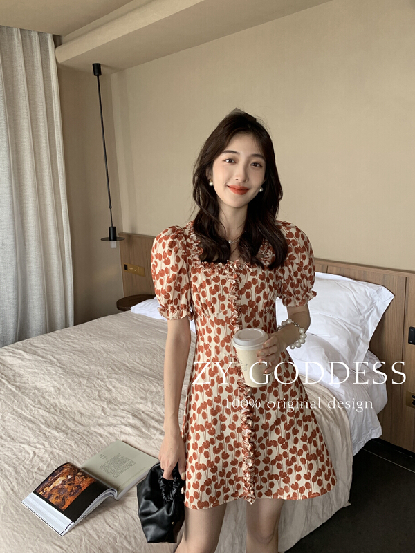 【 ZY 】 two wear square collar Korean tulip dress bubble sleeve 68607