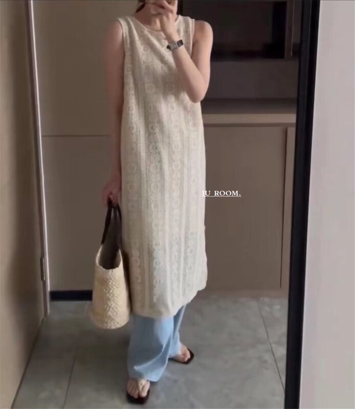 [IU room] Korean solid lace round neck sleeveless dress 1589\xyy