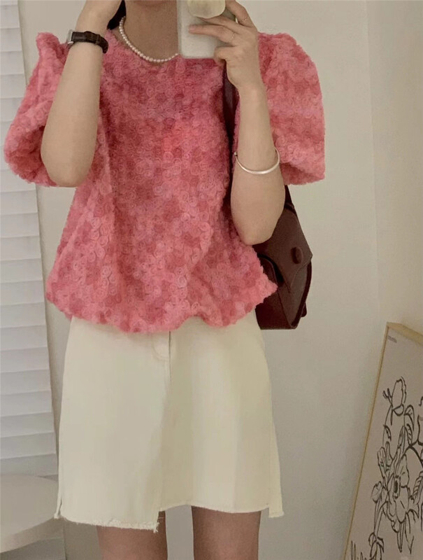 [orange] French style three-dimensional flower mesh shirt 8870\hbx