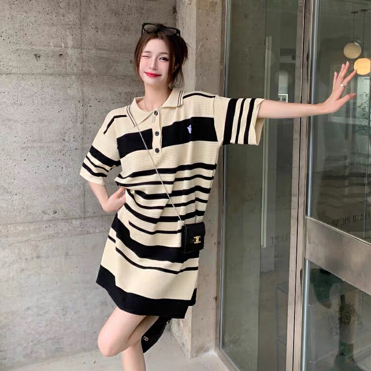 [f · P] retro Polo neck stripe loose short sleeve dress 853-1\hbx