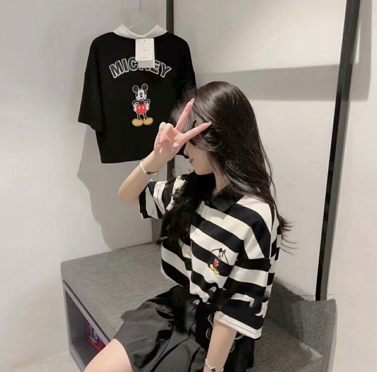 [blue show] Korean stripe Mickey Polo loose short sleeve T-shirt 8126-1\lsw