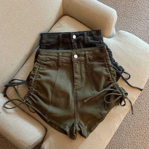 Real auction real price summer versatile high waist slim drawstring overalls hot girl denim shorts