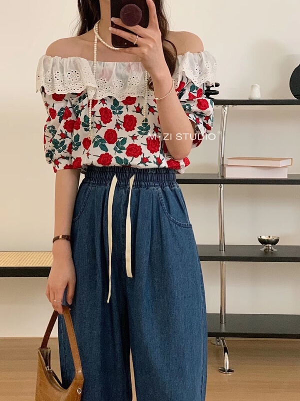 [m.zi studio] printed lotus leaf collar versatile shirt 5813\hbx