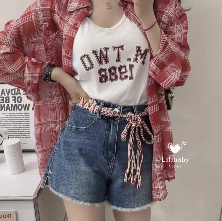 [I-D] Korean versatile letter Vest + check sunscreen shirt set ys8231\ll