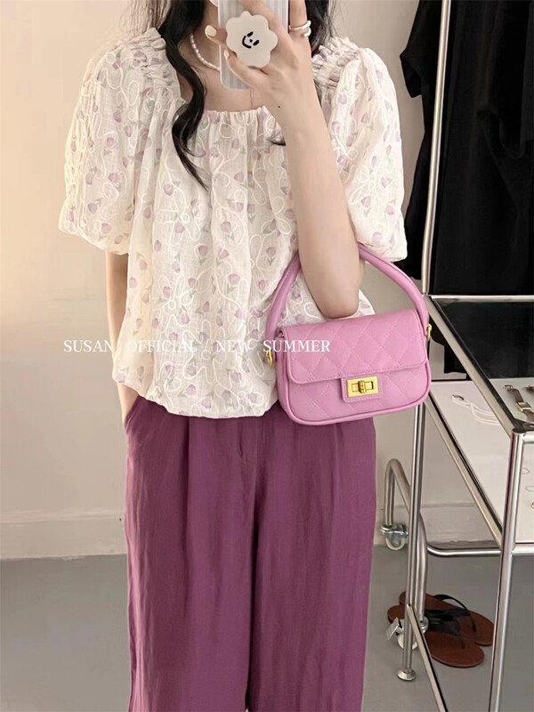 [Susan] square neck flower small fresh shirt z1193\lsw