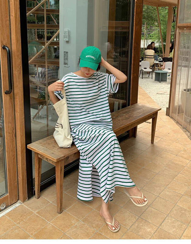 [baerman] Korean loose and thin contrast striped dress 8562\hbx