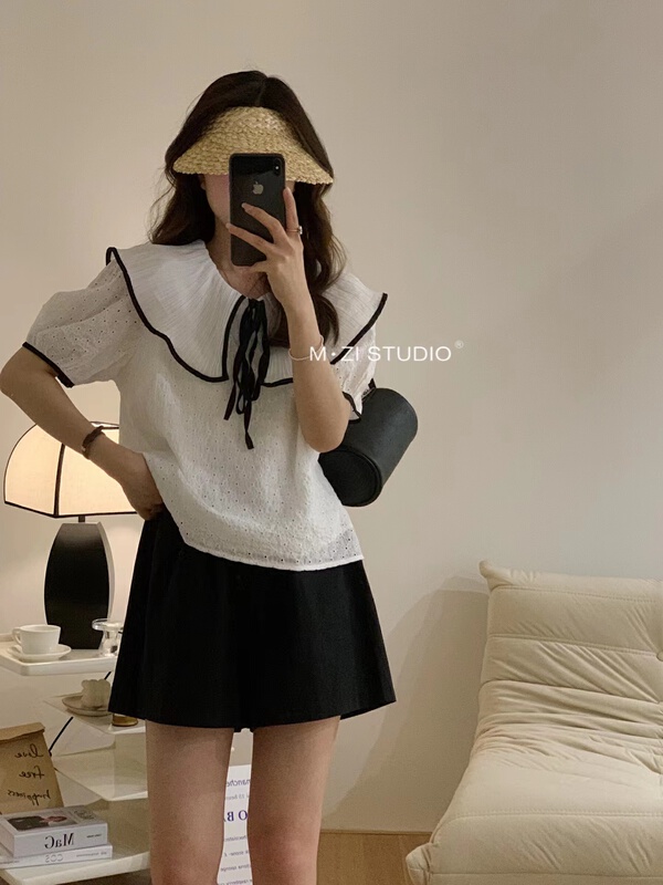 [m.zi studio] square neck contrast color lace up small fresh shirt (excluding skirt) 5822\hbx