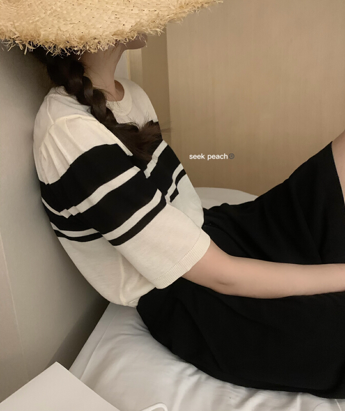 [seek peach] casual contrast color round neck short sleeve T-shirt 1911\ll