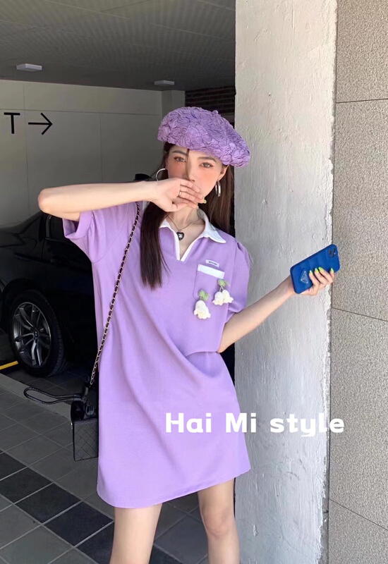 [Helmi] Korean style V-neck waffle dress (with Brooch) 1898\wtt