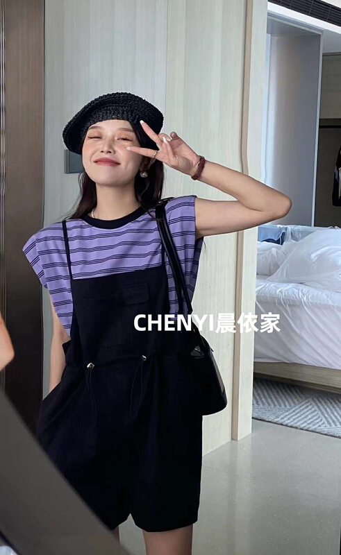 [Chenyi] fashion round neck striped short sleeve T-shirt + slim waist strap Pants Set (only selling sets) 1987\xyy