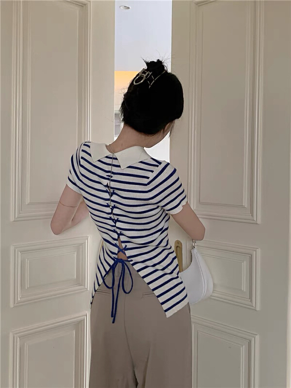 [f · P] hot girl sexy stripe summer pure desire V-neck thin bandage slim fit sweater 4920\hbx