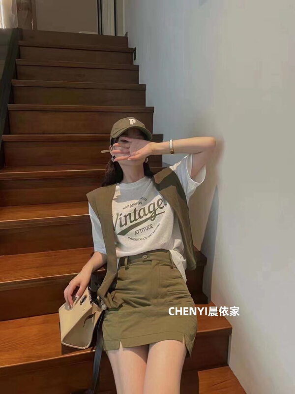 [Chenyi] round neck letter versatile short sleeve T-shirt + slim skirt suit (with shawl) 1061\xyy
