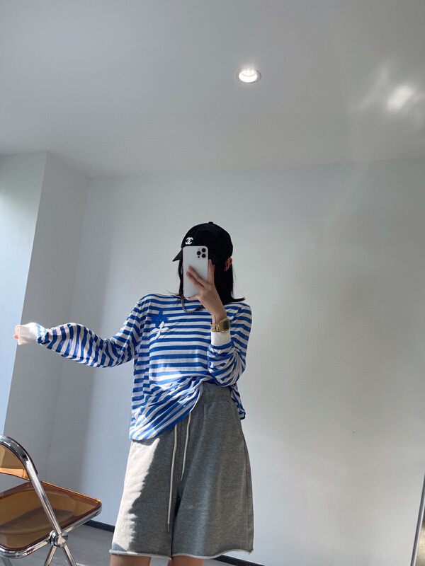 [YT] cross stripe thin soft waxy sunscreen long sleeve T-shirt t51288\pcz