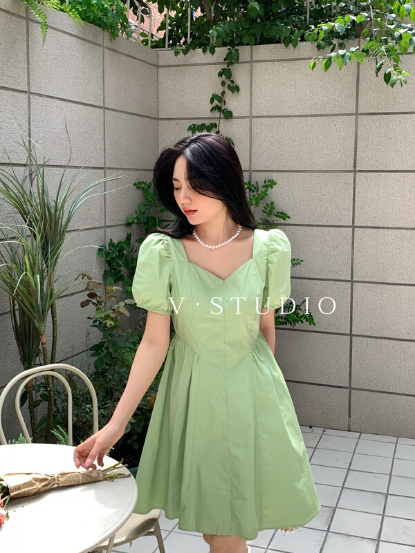 [v.] square neck bubble sleeve fashion dress 7959\ll
