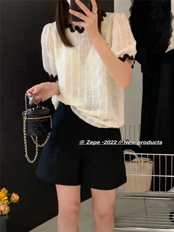 [Ze] contrast color wave round neck temperament shirt 8639\ll