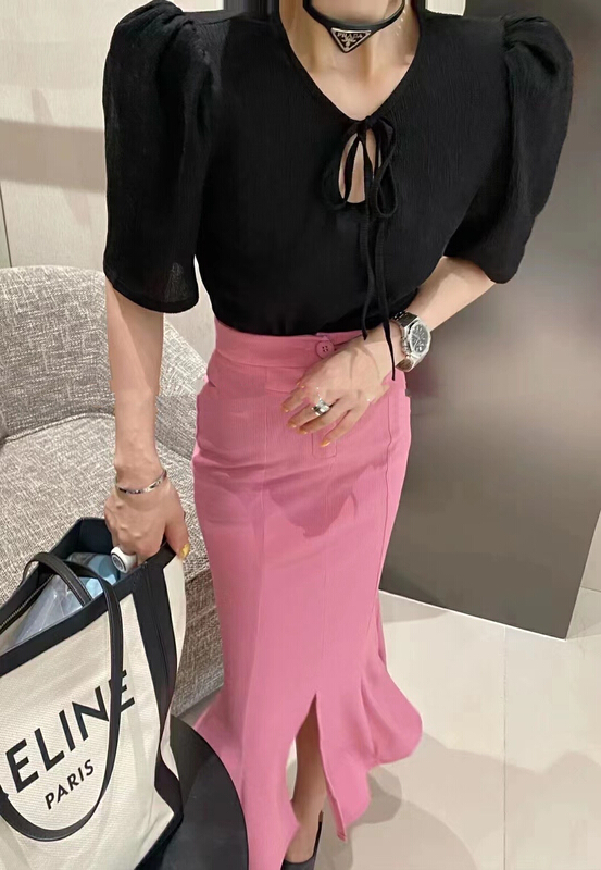 [MI] simple solid color single button medium length skirt 9727\pcz