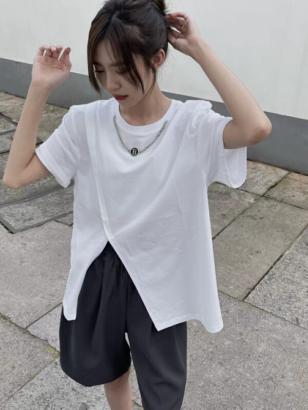 [blue show] irregular design slit versatile short sleeve T-shirt (with necklace) 1022\lsw