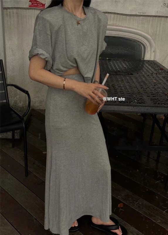 [wht] modal comfortable and versatile short sleeve T-shirt + loose casual skirt set 5060\wtt