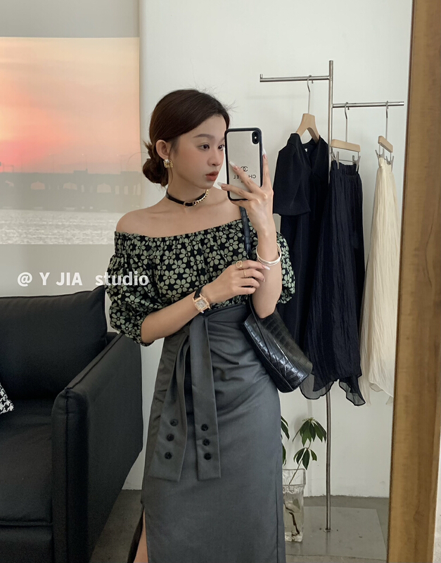 [y.jia EJA] Bubble Sleeve Top + strap split skirt suit ys1-3377\pcz
