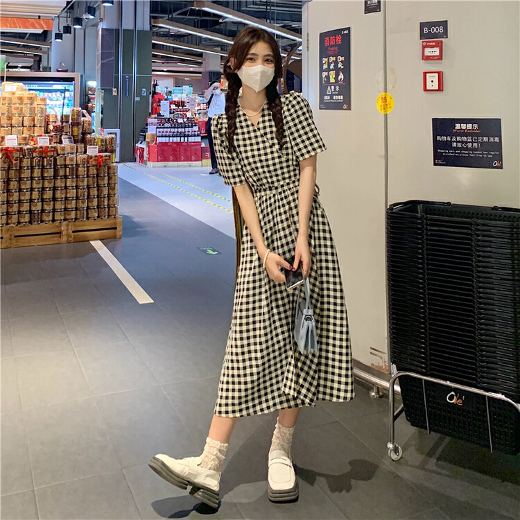 [by] Vintage V-neck Plaid waist dress 7744\cl