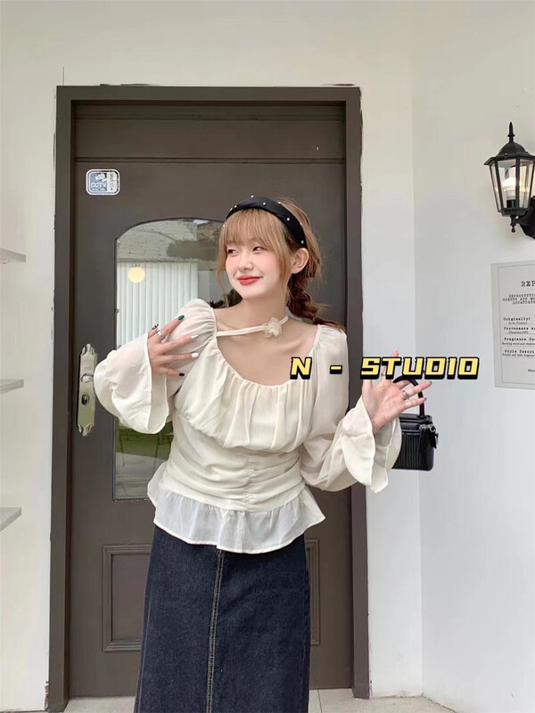 【N】 Long sleeve solid color Korean small shirt 10001\wtt