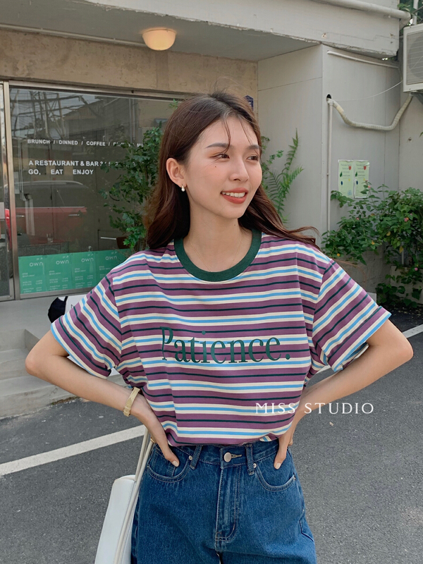 [miss miss home] Korean alphabet print intercolor stripe short sleeve T-shirt y8846