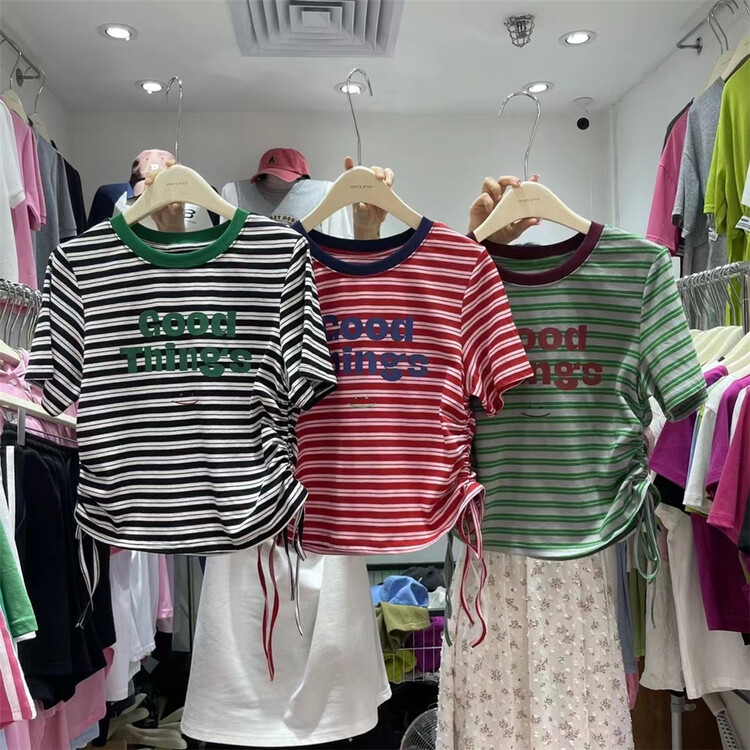 [yoyo style] casual simple drawstring stripe short sleeve T-shirt 8565\xyy