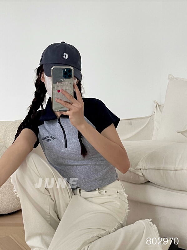 [June] raglan sleeve casual contrast short sleeve T-shirt 802970\xyy