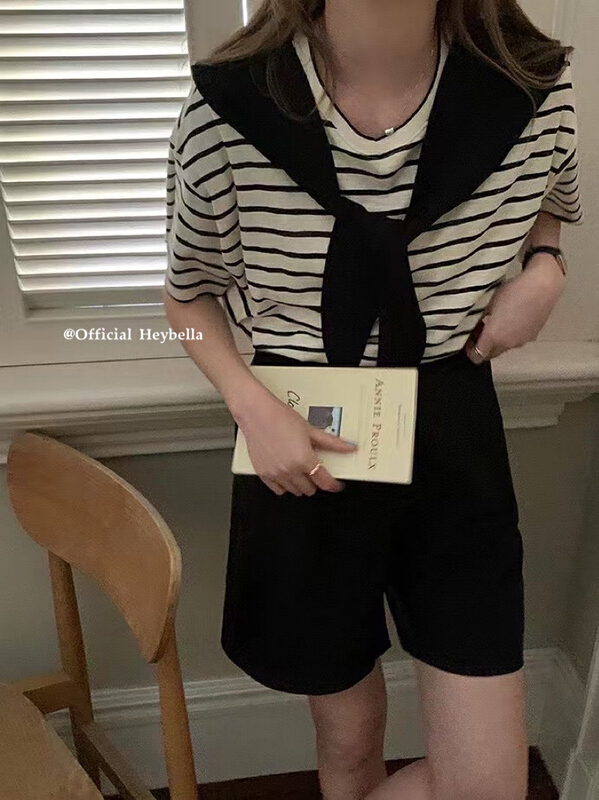 [hey Bella] Korean stripe comfortable short sleeve T-shirt (with shawl) ys1-1511\ll