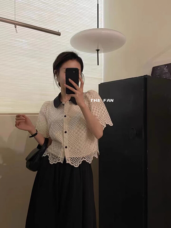 [the fan] contrast polo collar lace blouse 507819\pcz
