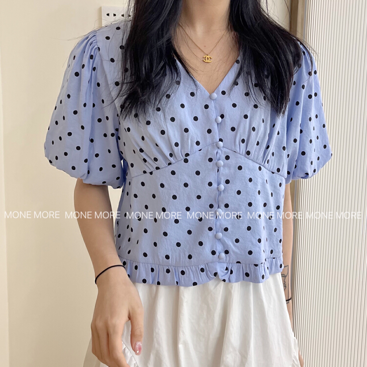 [mone more foam home] Korean style simple French style Polka Dot bubble sleeve shirt 8116\hbx